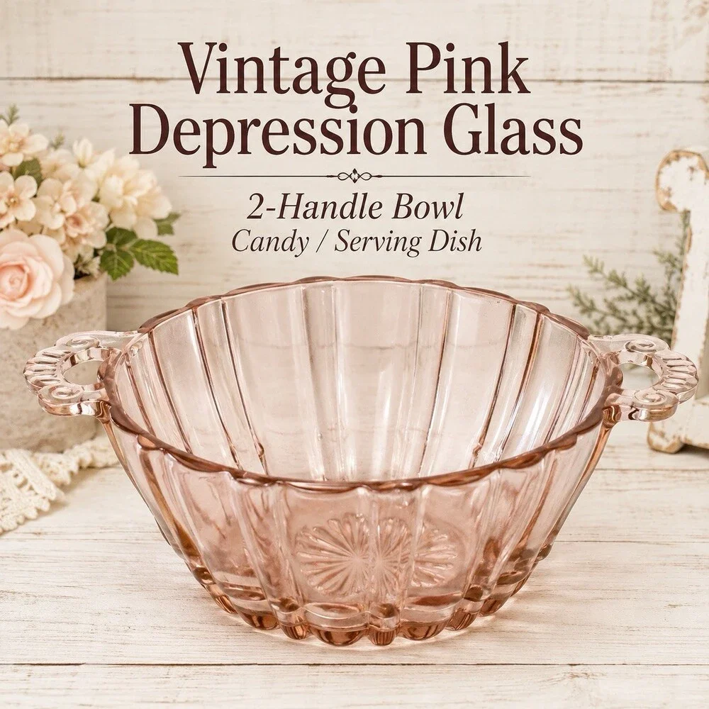 Vintage Pink Depression Glass 2 Handle Bowl Ribbed Scalloped Candy Serving Dish